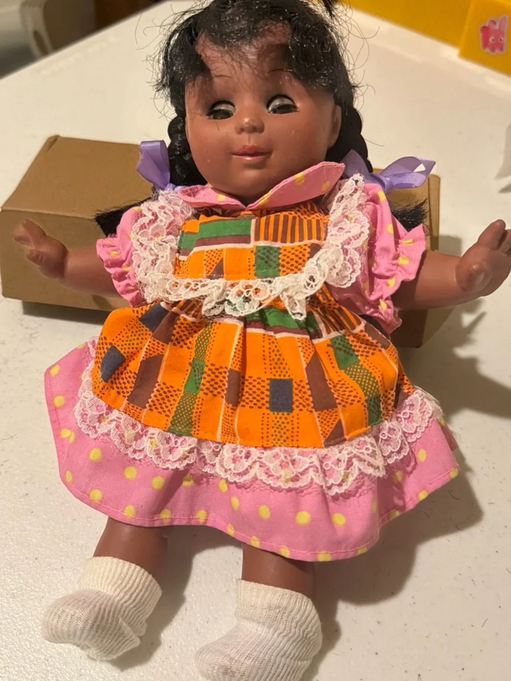 1980 Vintage Doll Multicolor Pink & Orange Patterned Baby Doll with Lace Dress